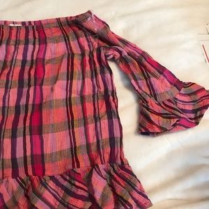 Off the shoulder flannel print shirt